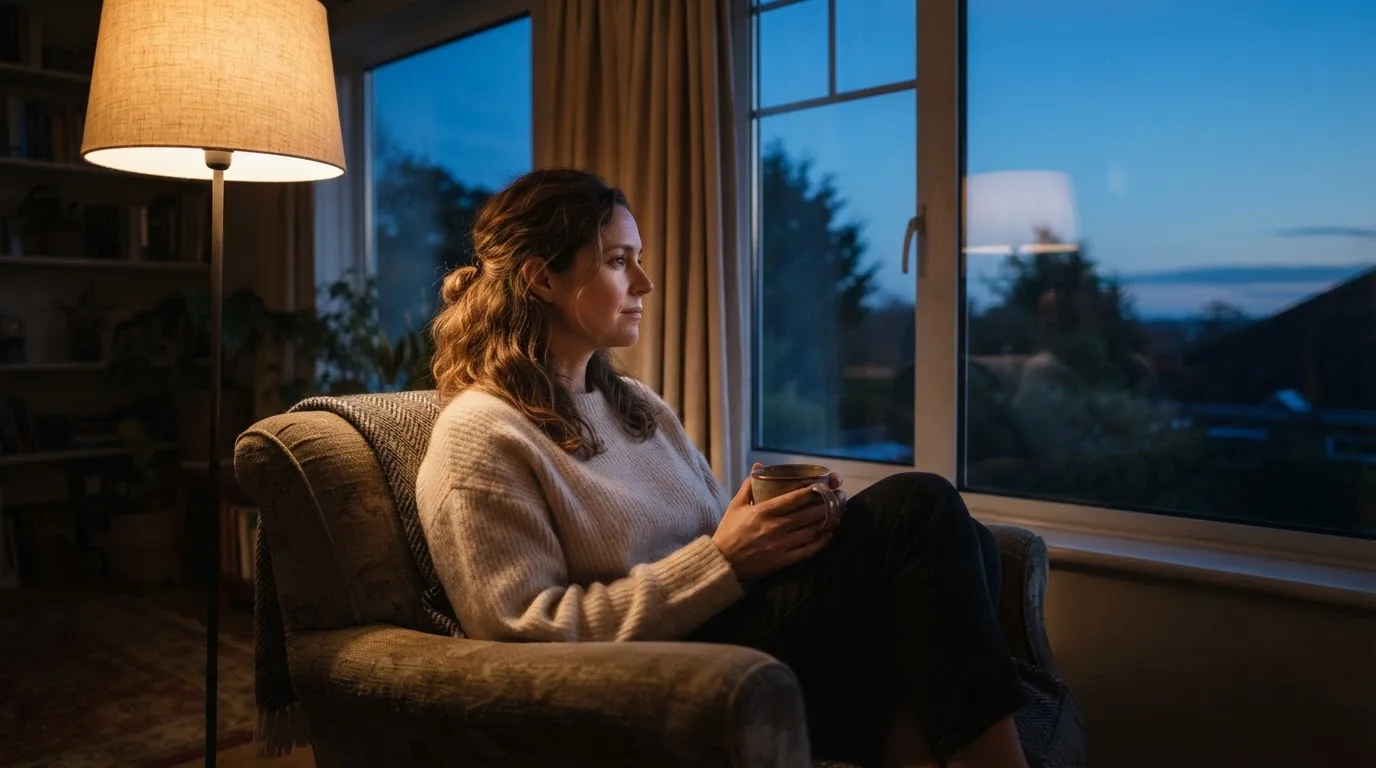 En person sitter ensam i en fåtölj med en kopp té i handen och blicken riktad ut genom fönstret en lugn kväll.